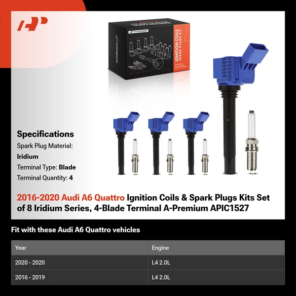 2016-2020 Audi A6 Quattro Ignition Coils & Spark Plugs Kits Set of 8 Iridium Series, 4-Blade Terminal A-Premium APIC1527
