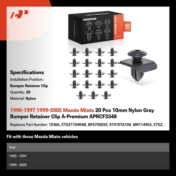1990-1997 1999-2005 Mazda Miata 20 Pcs 10mm Nylon Gray Bumper Retainer Clip A-Premium APRCF3348