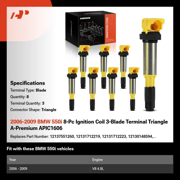 2006-2009 BMW 550i 8-Pc Ignition Coil 3-Blade Terminal Triangle A-Premium APIC1606