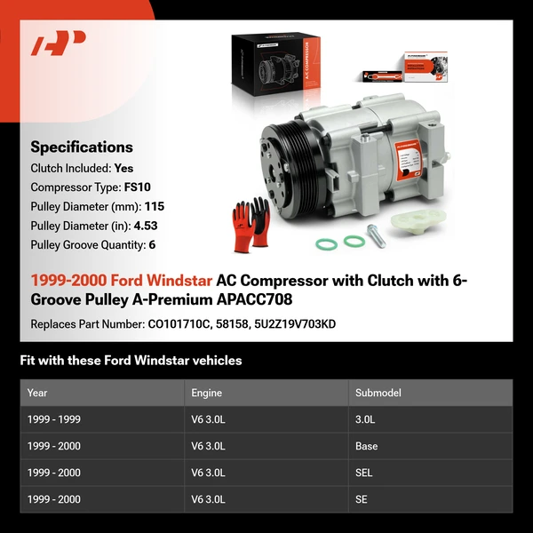 1999-2000 Ford Windstar AC Compressor with Clutch with 6-Groove Pulley A-Premium APACC708