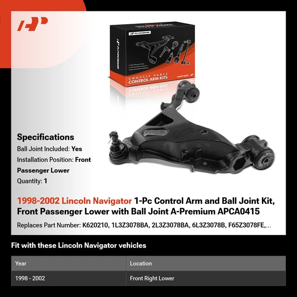 1998-2002 Lincoln Navigator 1-Pc Control Arm and Ball Joint Kit, Front Passenger Lower with Ball Joint A-Premium APCA0415