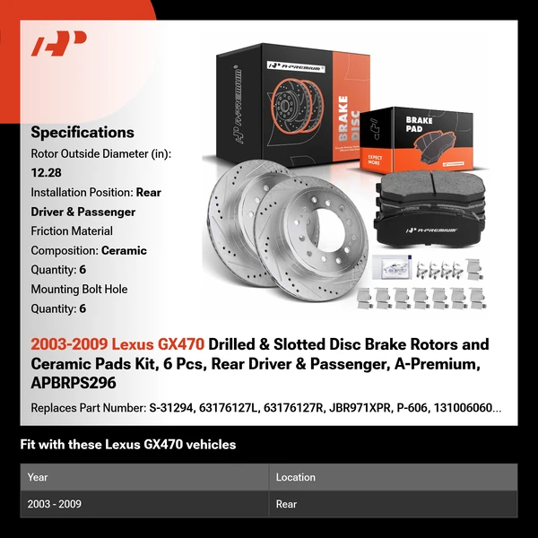 2003-2009 Lexus GX470 Drilled & Slotted Disc Brake Rotors and Ceramic Pads Kit, 6 Pcs, Rear Driver & Passenger, A-Premium, APBRPS296
