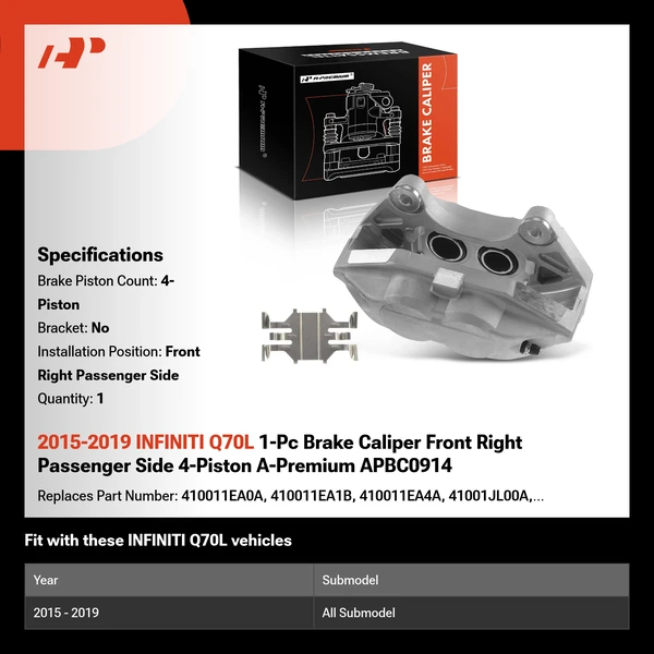 2015-2019 INFINITI Q70L 1-Pc Brake Caliper Front Right Passenger Side 4-Piston A-Premium APBC0914