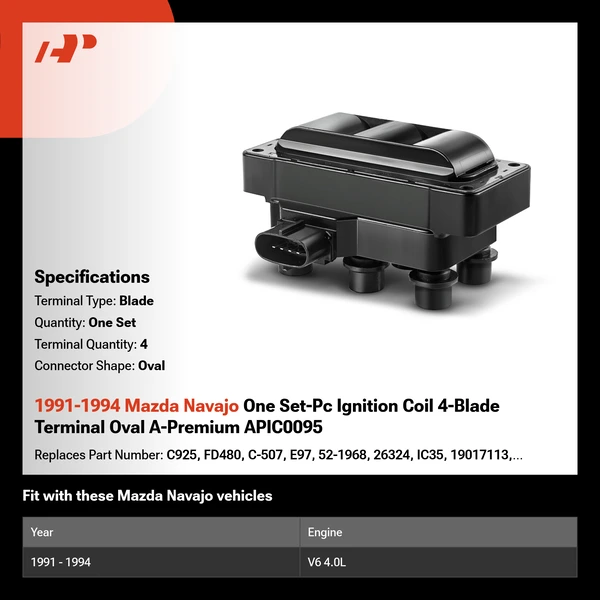 1991-1994 Mazda Navajo One Set-Pc Ignition Coil 4-Blade Terminal Oval A-Premium APIC0095