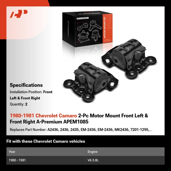 1980-1981 Chevrolet Camaro 2-Pc Motor Mount Front Left & Front Right A-Premium APEM1085