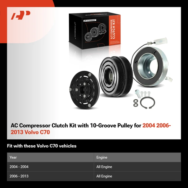 AC Compressor Clutch Kit with 10-Groove Pulley for 2004 2006-2013 Volvo C70