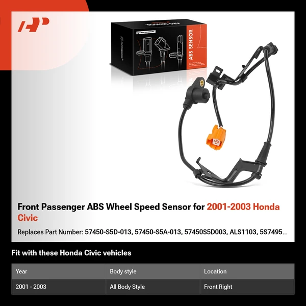 Front Passenger ABS Wheel Speed Sensor for 2001-2003 Honda Civic