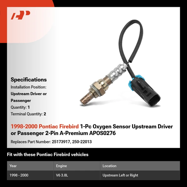 1998-2000 Pontiac Firebird 1-Pc Oxygen Sensor Upstream Driver or Passenger 2-Pin A-Premium APOS0276