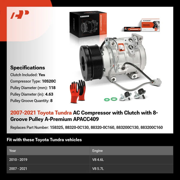 2007-2021 Toyota Tundra AC Compressor with Clutch with 8-Groove Pulley A-Premium APACC409
