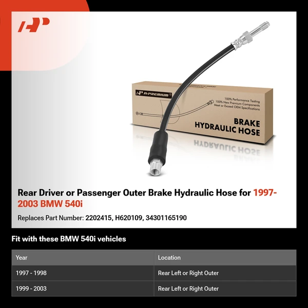 Rear Driver or Passenger Outer Brake Hydraulic Hose for 1997-2003 BMW 540i