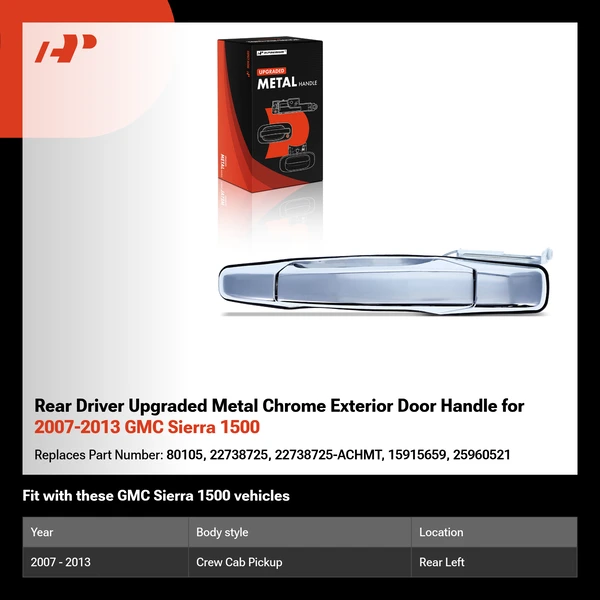 Rear Driver Upgraded Metal Chrome Exterior Door Handle for 2007-2013 GMC Sierra 1500
