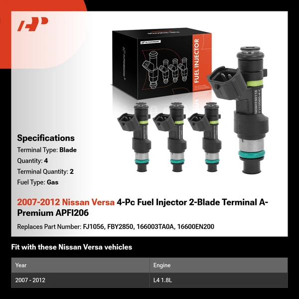 2007-2012 Nissan Versa 4-Pc Fuel Injector 2-Blade Terminal A-Premium APFI206