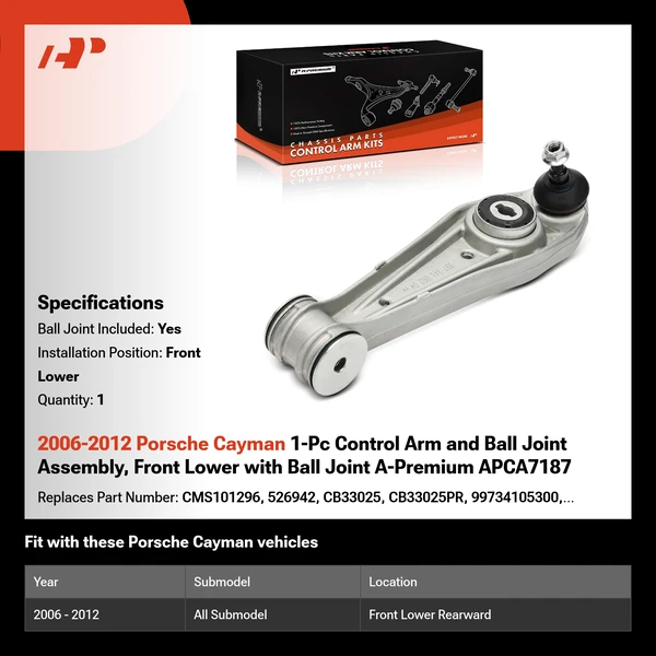 2006-2012 Porsche Cayman 1-Pc Control Arm and Ball Joint Assembly, Front Lower with Ball Joint A-Premium APCA7187