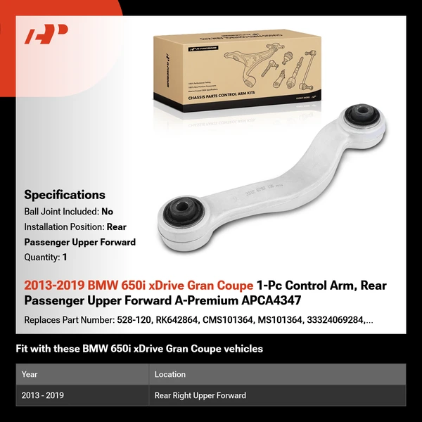 2013-2019 BMW 650i xDrive Gran Coupe 1-Pc Control Arm, Rear Passenger Upper Forward A-Premium APCA4347
