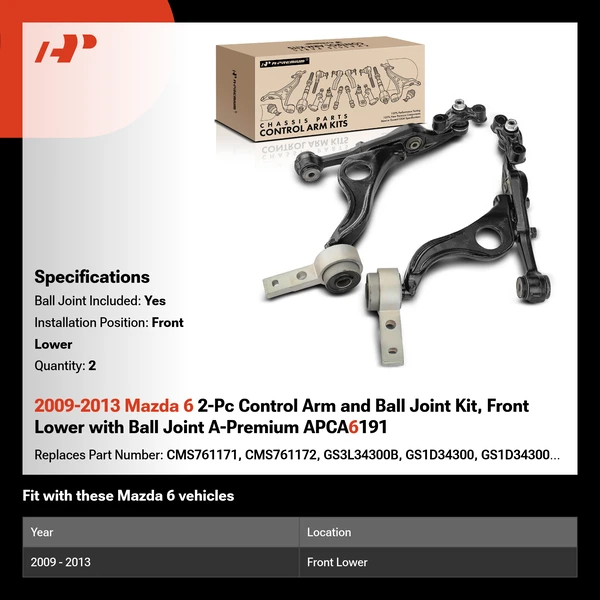 2009-2013 Mazda 6 2-Pc Control Arm and Ball Joint Kit, Front Lower with Ball Joint A-Premium APCA6191