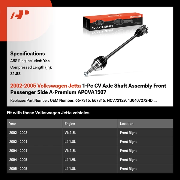2002-2005 Volkswagen Jetta 1-Pc CV Axle Shaft Assembly Front Passenger Side A-Premium APCVA1507