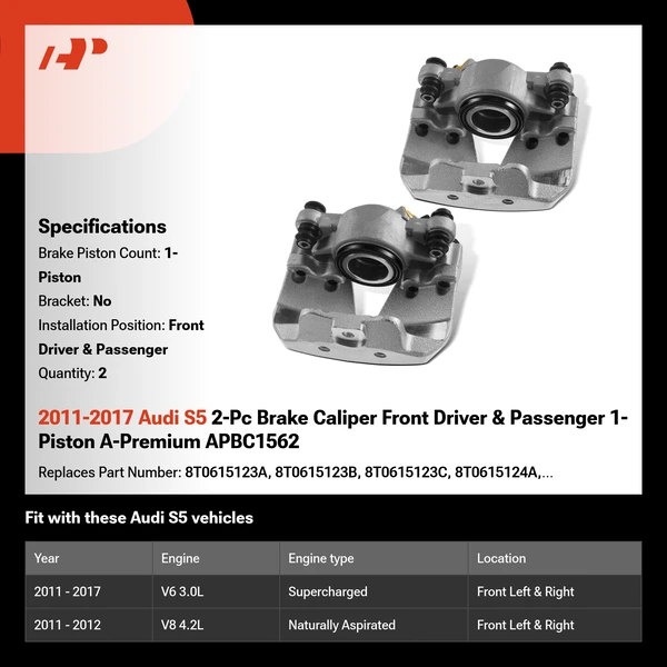 2011-2017 Audi S5 2-Pc Brake Caliper Front Driver & Passenger 1-Piston A-Premium APBC1562