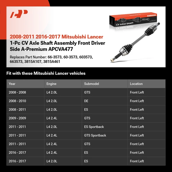 2008-2011 2016-2017 Mitsubishi Lancer 1-Pc CV Axle Shaft Assembly Front Driver Side A-Premium APCVA477