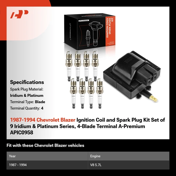 1987-1994 Chevrolet Blazer Ignition Coil and Spark Plug Kit Set of 9 Iridium & Platinum Series, 4-Blade Terminal A-Premium APIC0958