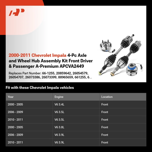 2000-2011 Chevrolet Impala 4-Pc Axle and Wheel Hub Assembly Kit Front Driver & Passenger A-Premium APCVA2449