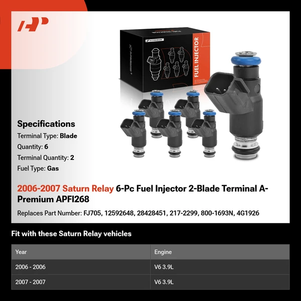 2006-2007 Saturn Relay 6-Pc Fuel Injector 2-Blade Terminal A-Premium APFI268