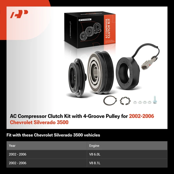 AC Compressor Clutch Kit with 4-Groove Pulley for 2002-2006 Chevrolet Silverado 3500