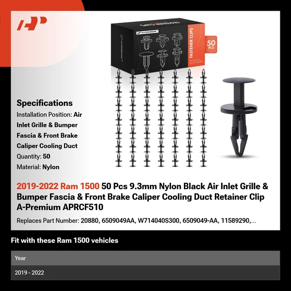 2019-2022 Ram 1500 50 Pcs 9.3mm Nylon Black Air Inlet Grille & Bumper Fascia & Front Brake Caliper Cooling Duct Retainer Clip A-Premium APRCF510