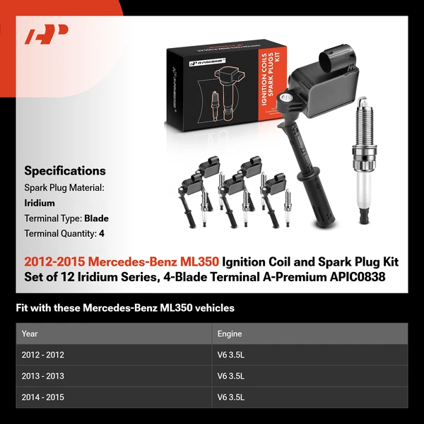 2012-2015 Mercedes-Benz ML350 Ignition Coil and Spark Plug Kit Set of 12 Iridium Series, 4-Blade Terminal A-Premium APIC0838