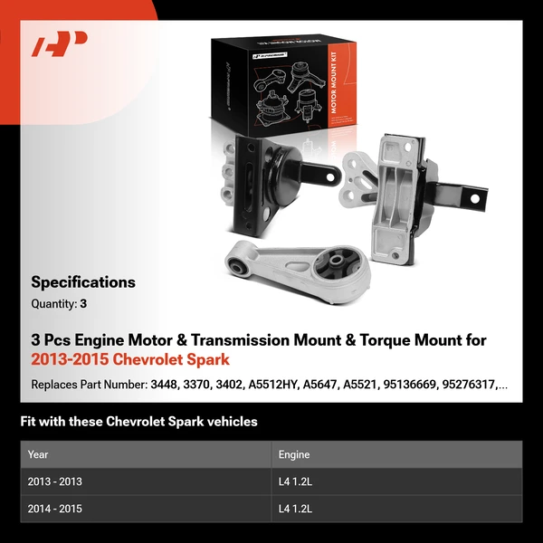 3 Pcs Engine Motor & Transmission Mount & Torque Mount for 2013-2015 Chevrolet Spark