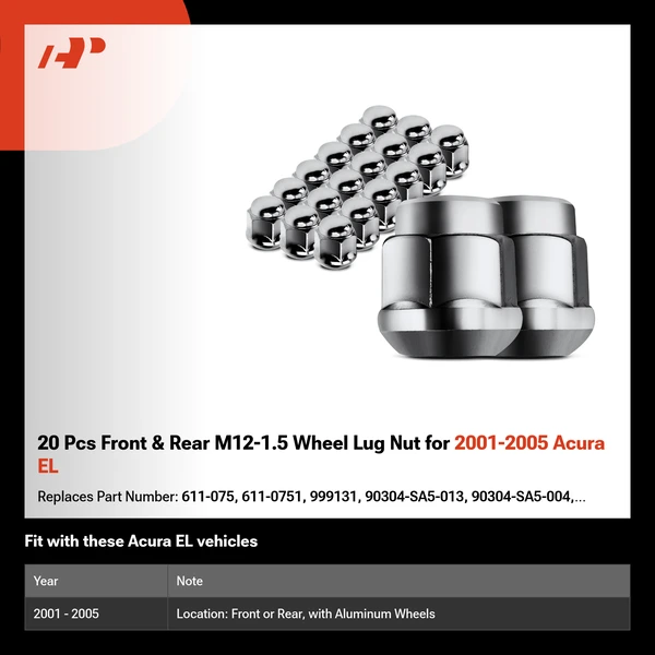 20 Pcs Front & Rear M12-1.5 Wheel Lug Nut for 2001-2005 Acura EL