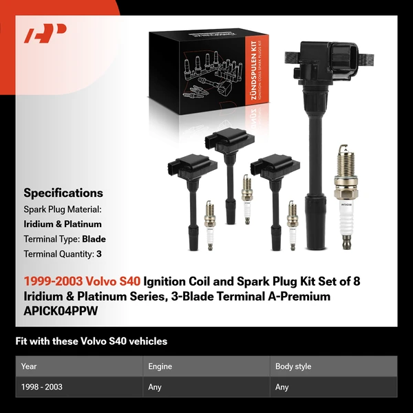 1999-2003 Volvo S40 Ignition Coil and Spark Plug Kit Set of 8 Iridium & Platinum Series, 3-Blade Terminal A-Premium APICK04PPW