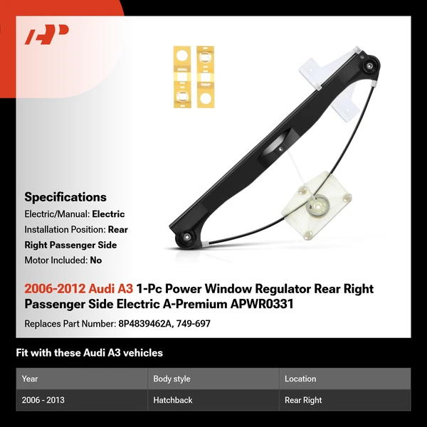 2006-2012 Audi A3 1-Pc Power Window Regulator Rear Right Passenger Side Electric A-Premium APWR0331