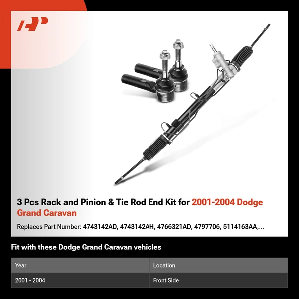 3 Pcs Rack and Pinion & Tie Rod End Kit for 2001-2004 Dodge Grand Caravan