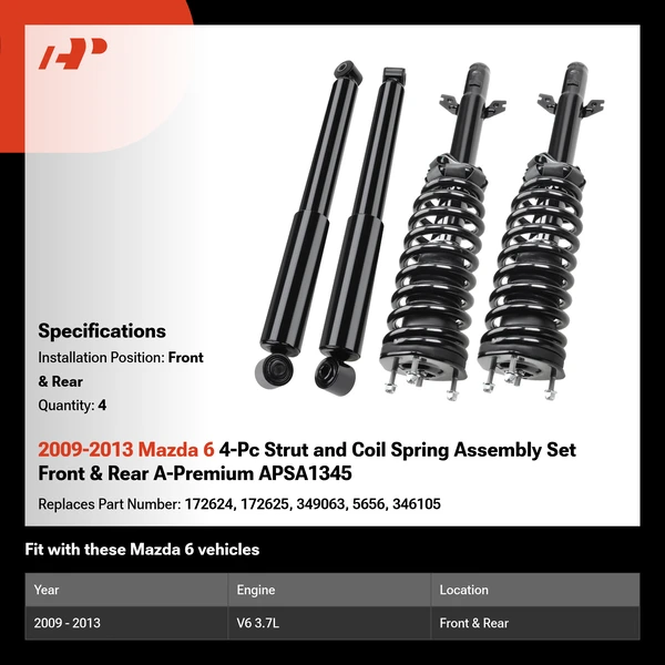 2009-2013 Mazda 6 4-Pc Strut and Coil Spring Assembly Set Front & Rear A-Premium APSA1345