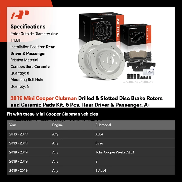 2019 Mini Cooper Clubman Drilled & Slotted Disc Brake Rotors and Ceramic Pads Kit, 6 Pcs, Rear Driver & Passenger, A-Premium, APBRPS1523