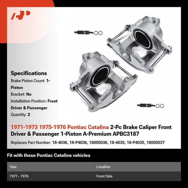 1971-1973 1975-1976 Pontiac Catalina 2-Pc Brake Caliper Front Driver & Passenger 1-Piston A-Premium APBC3187