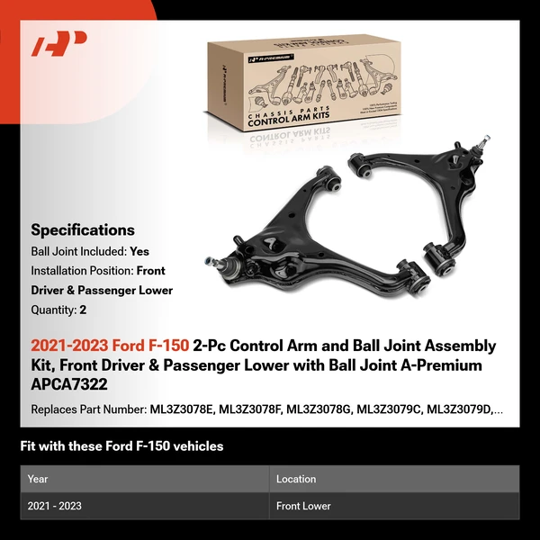 2021-2023 Ford F-150 2-Pc Control Arm and Ball Joint Assembly Kit, Front Driver & Passenger Lower with Ball Joint A-Premium APCA7322