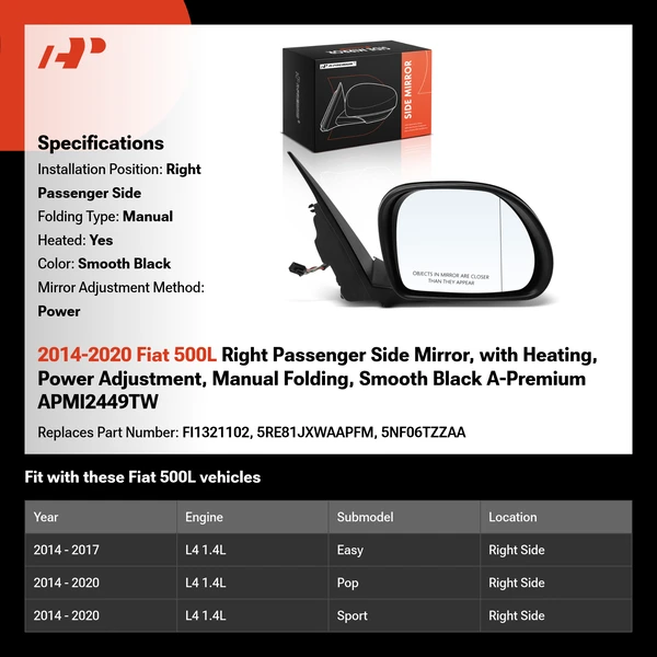 2014-2020 Fiat 500L Right Passenger Side Mirror, with Heating, Power Adjustment, Manual Folding, Smooth Black A-Premium APMI2449TW