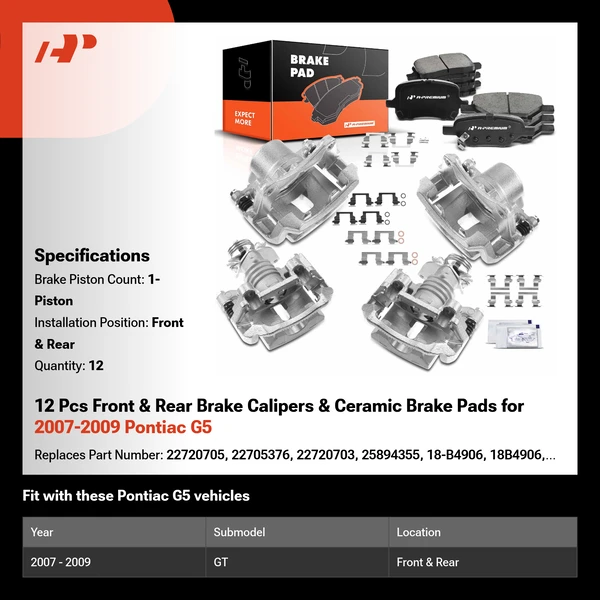 12 Pcs Front & Rear Brake Calipers & Ceramic Brake Pads for 2007-2009 Pontiac G5