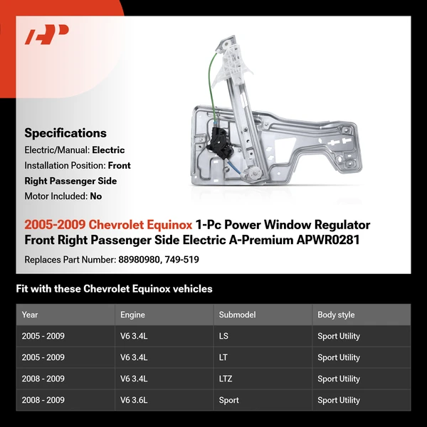 2005-2009 Chevrolet Equinox 1-Pc Power Window Regulator Front Right Passenger Side Electric A-Premium APWR0281