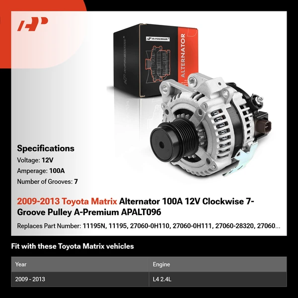 2009-2013 Toyota Matrix Alternator 100A 12V Clockwise 7-Groove Pulley A-Premium APALT096