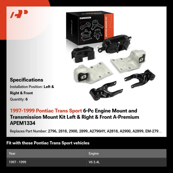 1997-1999 Pontiac Trans Sport 6-Pc Engine Mount and Transmission Mount Kit Left & Right & Front A-Premium APEM1334