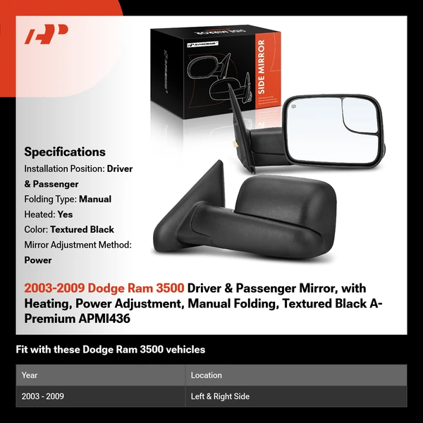 2003-2009 Dodge Ram 3500 Driver & Passenger Mirror, with Heating, Power Adjustment, Manual Folding, Textured Black A-Premium APMI436