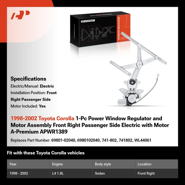 1998-2002 Toyota Corolla 1-Pc Power Window Regulator and Motor Assembly Front Right Passenger Side Electric with Motor A-Premium APWR1389
