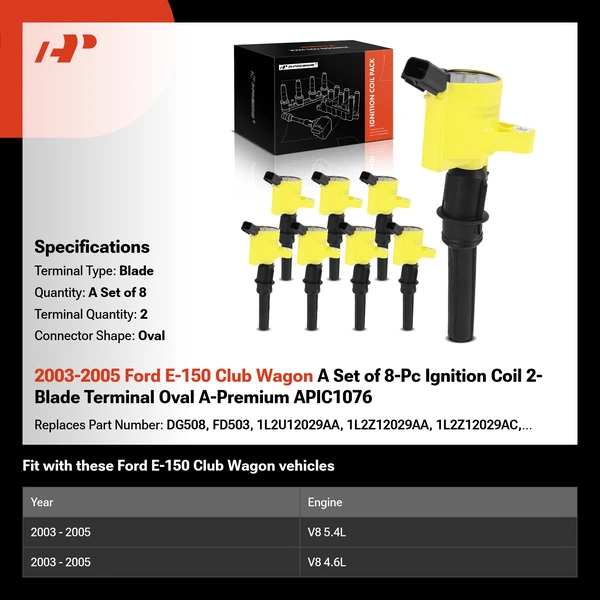 2003-2005 Ford E-150 Club Wagon A Set of 8-Pc Ignition Coil 2-Blade Terminal Oval A-Premium APIC1076