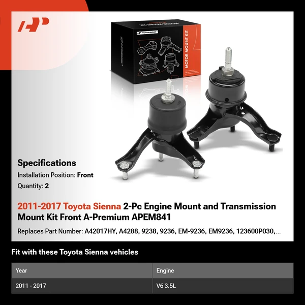 2011-2017 Toyota Sienna 2-Pc Engine Mount and Transmission Mount Kit Front A-Premium APEM841