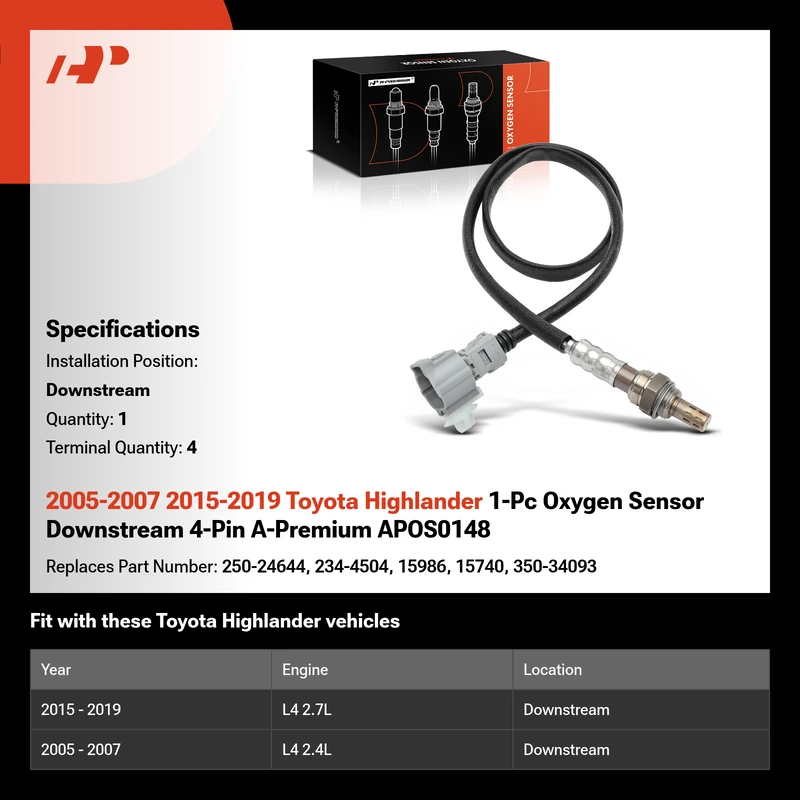 2005-2007 2015-2019 Toyota Highlander 1-Pc Oxygen Sensor Downstream 4-Pin A-Premium APOS0148