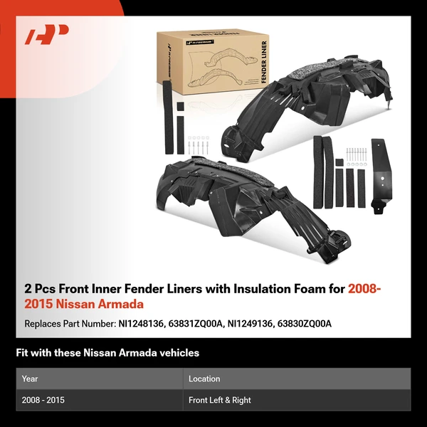 2 Pcs Front Inner Fender Liners with Insulation Foam for 2008-2015 Nissan Armada
