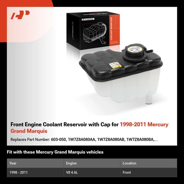 Front Engine Coolant Reservoir with Cap for 1998-2011 Mercury Grand Marquis