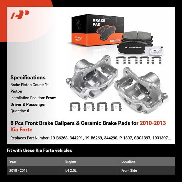6 Pcs Front Brake Calipers & Ceramic Brake Pads for 2010-2013 Kia Forte